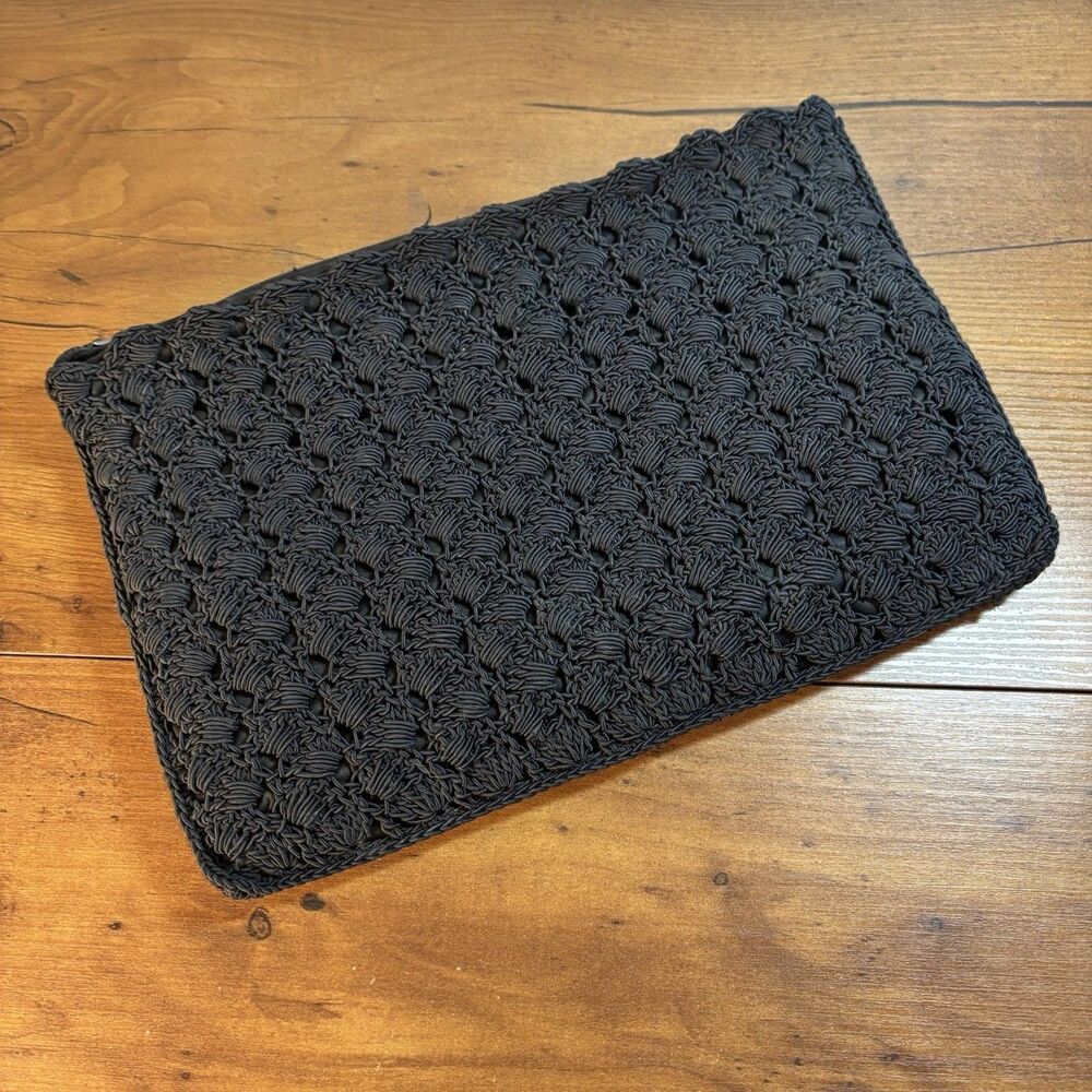 VTG Oversized Clutch Bag Black Corde Crocheted 1940s Zipper Closure Mid Century